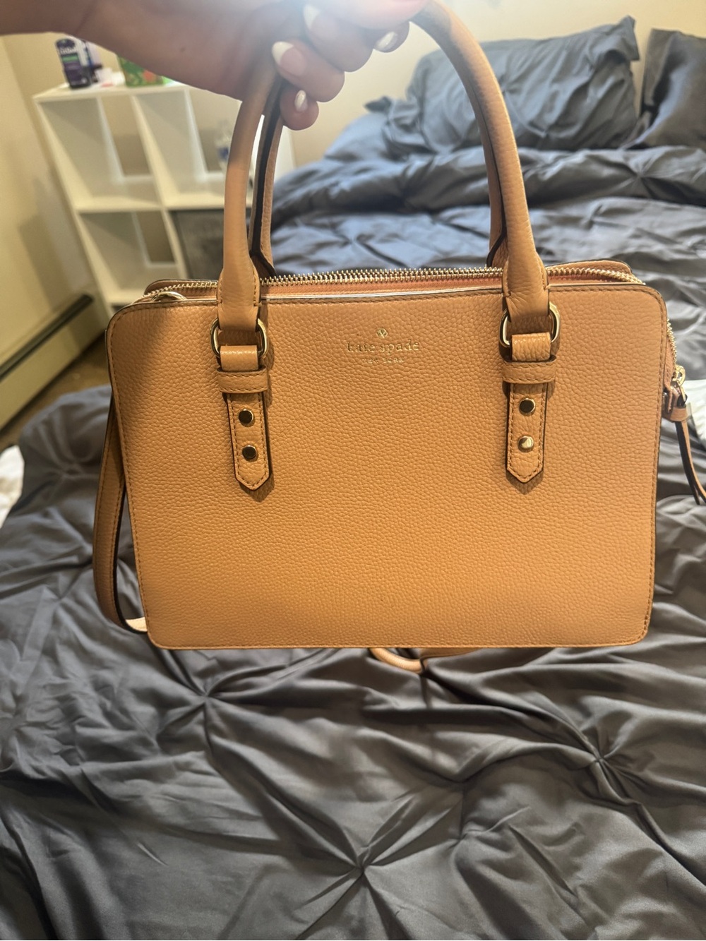 kate spade tan pebbled leather satchel with gold hardware